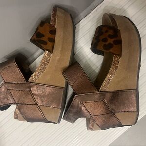 Leopard Print and Bronze Women's Platform Leather/Cork wedge Sandals